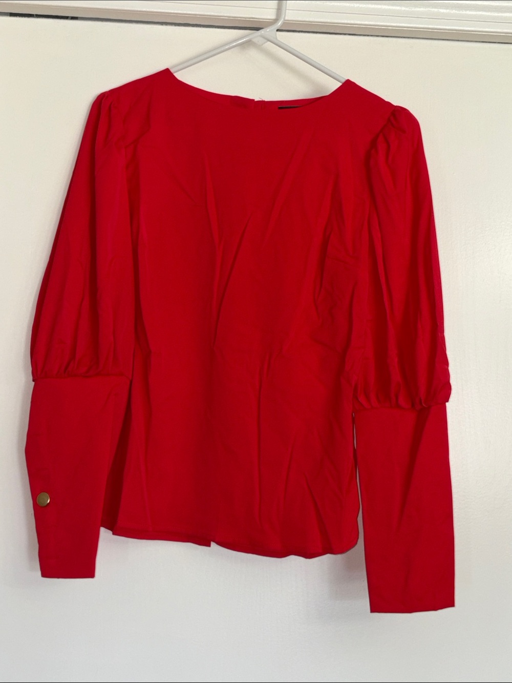Women's Red Puff-Sleeve Blouse with Buttoned Cuff